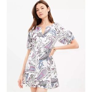 Loft Paisley Linen Blend Belted Puff Sleeve Dress A Line Size 2 Cottage